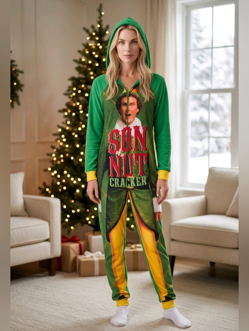 ELF Green and Yellow Kids One-Piece Holiday Footie with Graphic Hood
